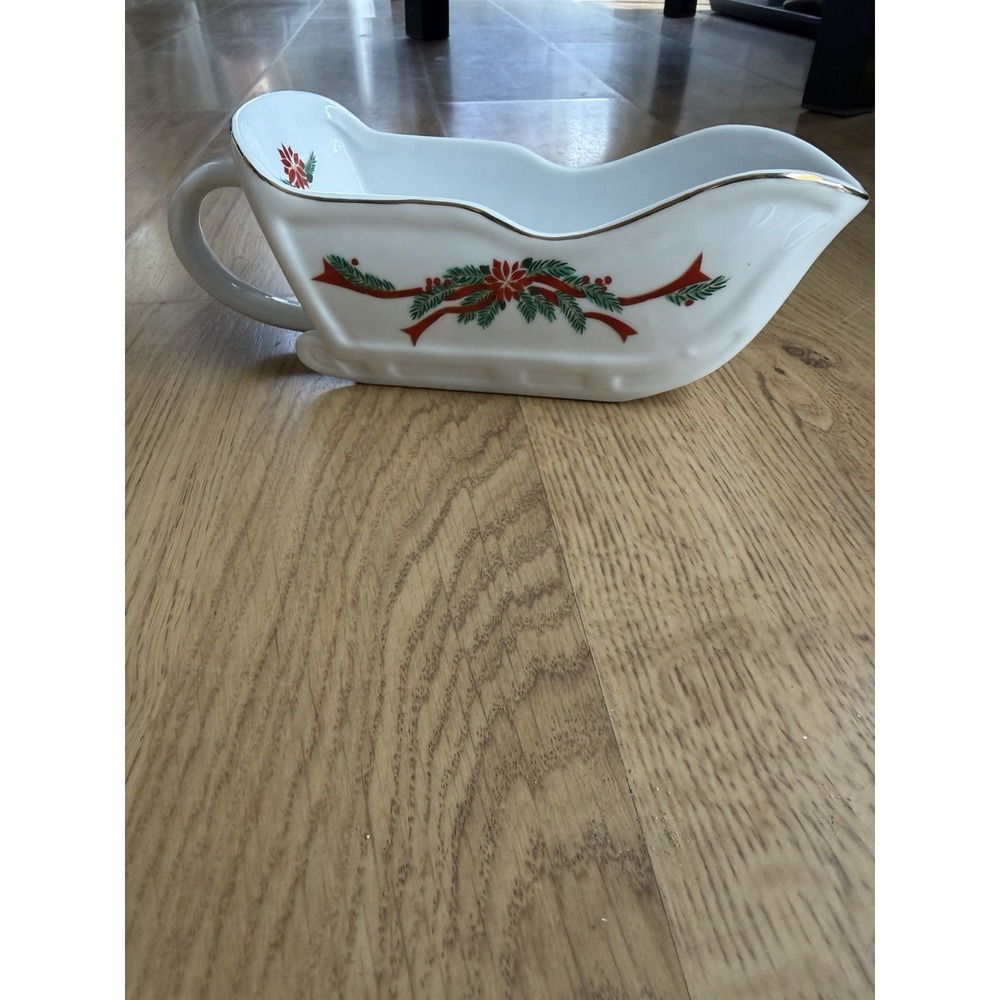 Vintage Christmas Gravy Boat Large  Sleigh Holiday Porcelain Fine China